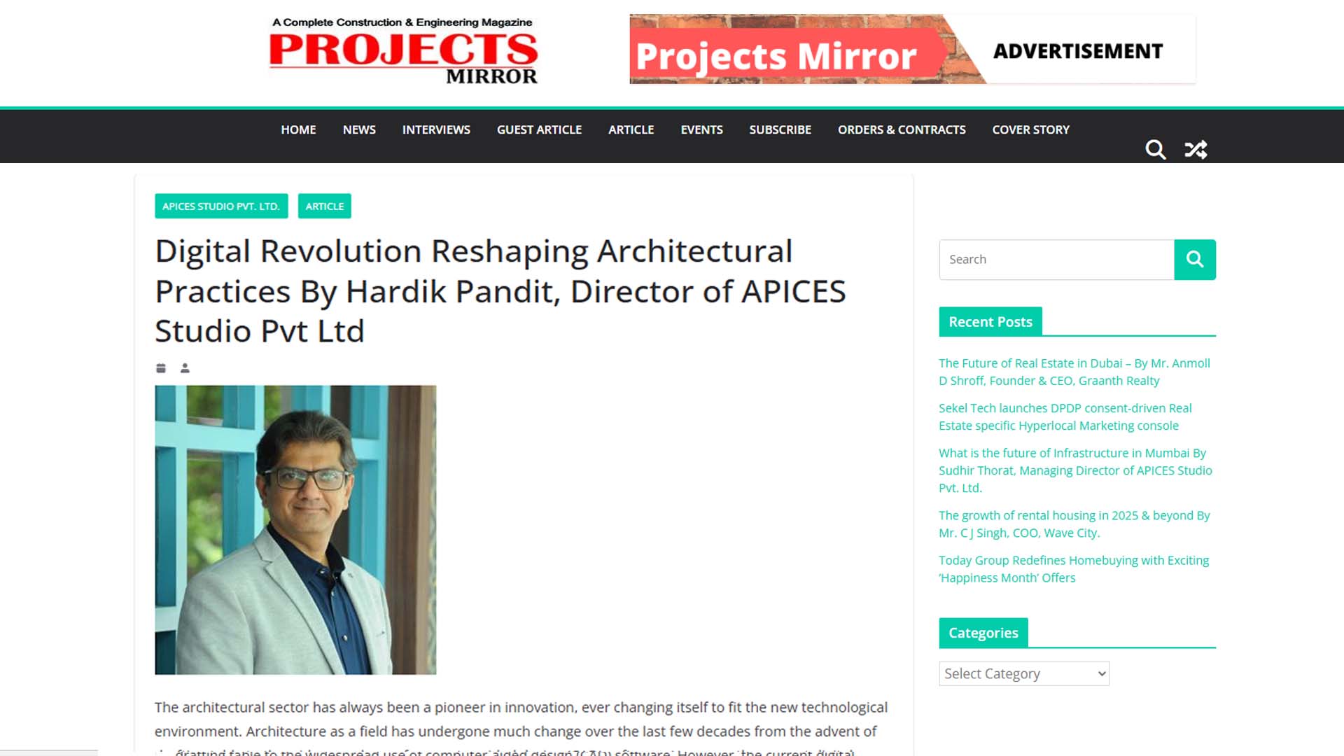 Digital Revolution Reshaping Architectural Practices By Hardik Pandit, Director of APICES Studio Pvt Ltd
