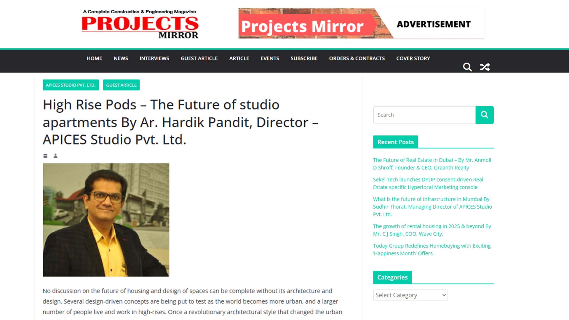 High Rise Pods – The Future of studio apartments By Ar. Hardik Pandit, Director – APICES Studio Pvt. Ltd.