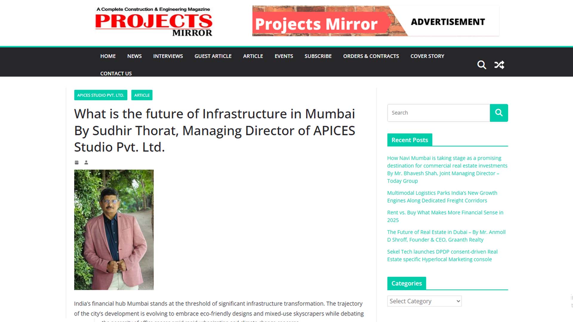 What is the future of Infrastructure in Mumbai By Sudhir Thorat, Managing Director of APICES Studio Pvt. Ltd.